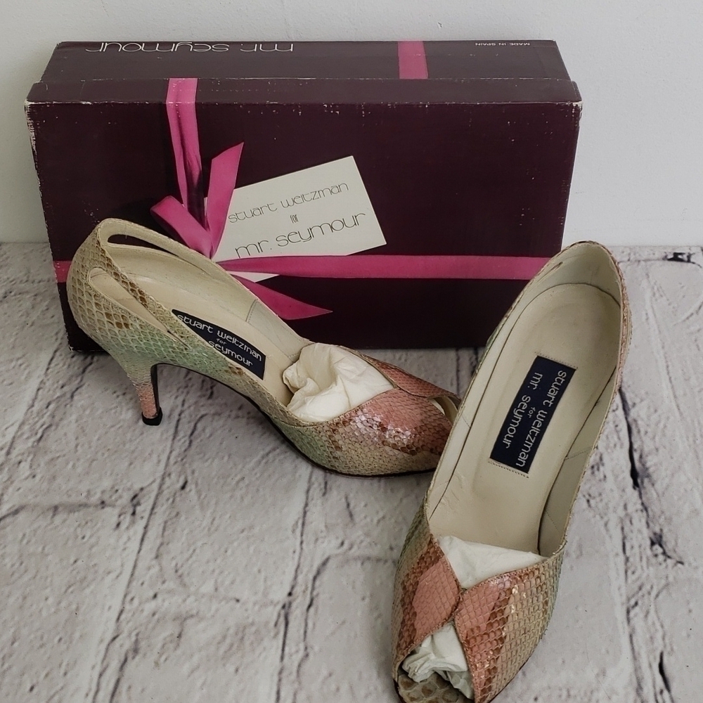 STUART Weitzman For Mr Seymour Snake Skin Peeptoe Heels 8.5 Multicolor in Box EU